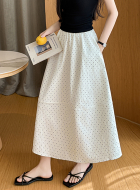 2026春夏新款设计感牛仔休闲a字半身裙女松紧腰中长款波点花苞裙