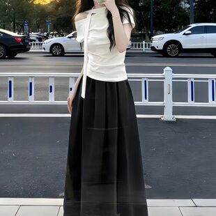 温柔风斜肩上衣半身裙两件套装 潮 法式 气质一整套ootd穿搭2026夏季