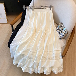 白色显瘦蕾丝半身裙女2026春季 高腰拼接条纹花边A字长裙 新款