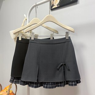 韩系蝴蝶结开叉甜辣半身裙格子荷叶边拼接西装 短裙 新款 春季