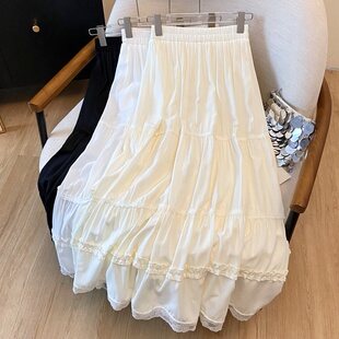 蕾丝花边拼接A字半身裙女2026春季 松紧腰A字宽松大摆伞裙 新款