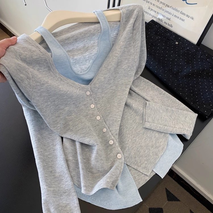 灰色叠穿假两件长袖针织衫女薄款2025新款软糯上衣早秋氛围感穿搭