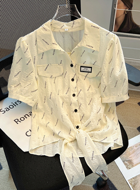 夏季新款时尚洋气印花polo领短袖衬衫女设计感小众雪纺衫上衣