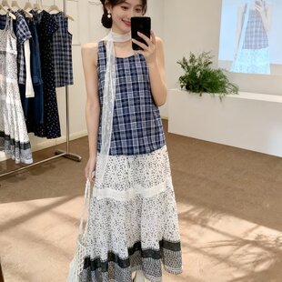 法式 夏搭配一整套格纹无袖 背心围脖波点半身裙子套装 女 度假风套装