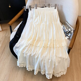 小清新白色花边A字半身裙女2026春新款 裙 镂空设计拼接中长款