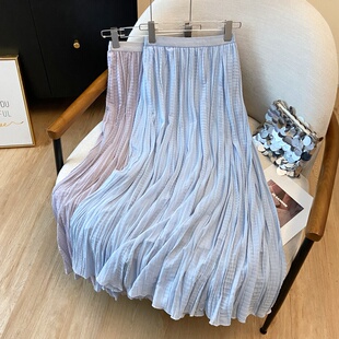 a字裙女 松紧大摆裙中长版 紫色带钻百褶半身裙女2026夏季 新款