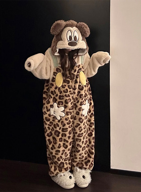 少女可爱米奇毛绒一体式睡衣女秋冬季新款家居服豹纹珊瑚绒连体衣