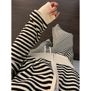 新款 连帽开衫 纯欲少女黑白条纹吊带睡衣女夏季 家居服大码 长裤 套装