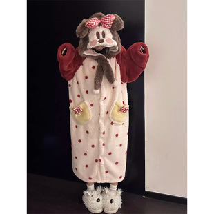 可爱米妮软糯毛绒连帽睡裙女秋冬季新款家居服珊瑚绒大码睡袍外穿