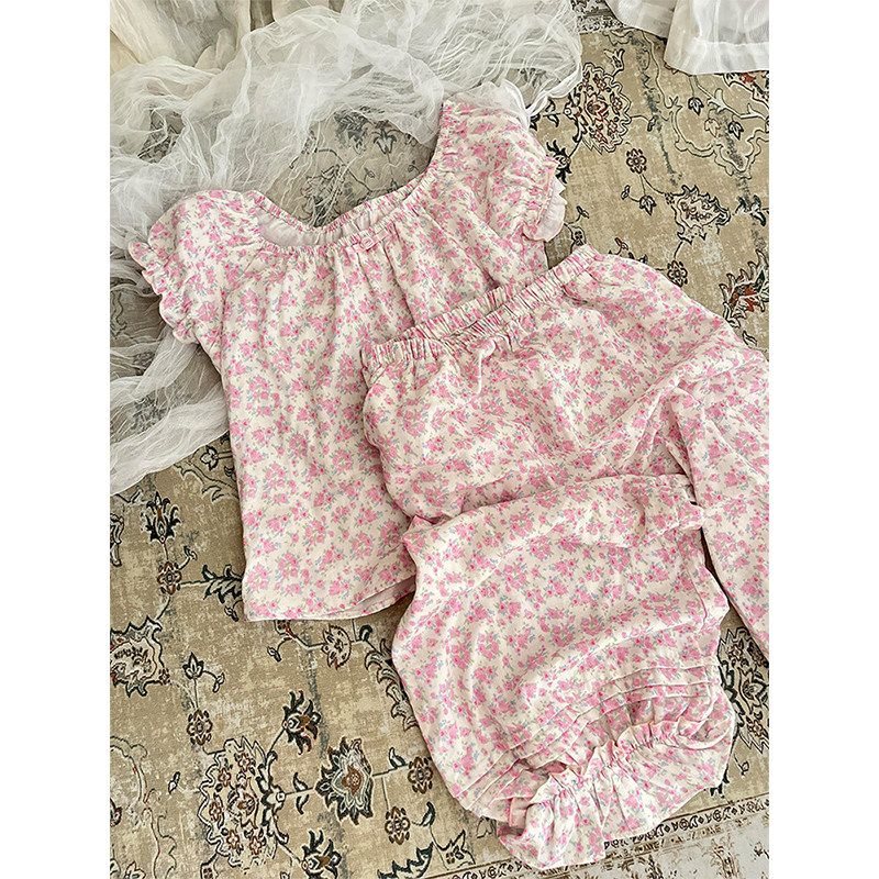韩系少女风粉色短袖睡衣女夏季长裤甜美碎花家居服休闲套装可外穿