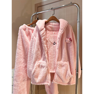 少女休闲甜美毛绒吊带睡衣女秋冬季新款家居服保暖外套长裤三件套