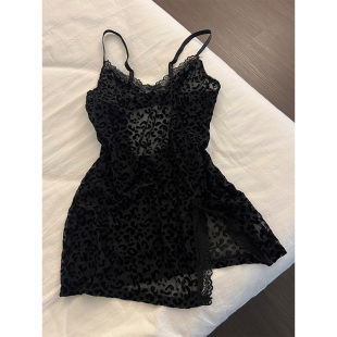 网红风新款 性感纯欲豹纹V领花边镂空睡裙女夏季 家居服吊带连衣裙