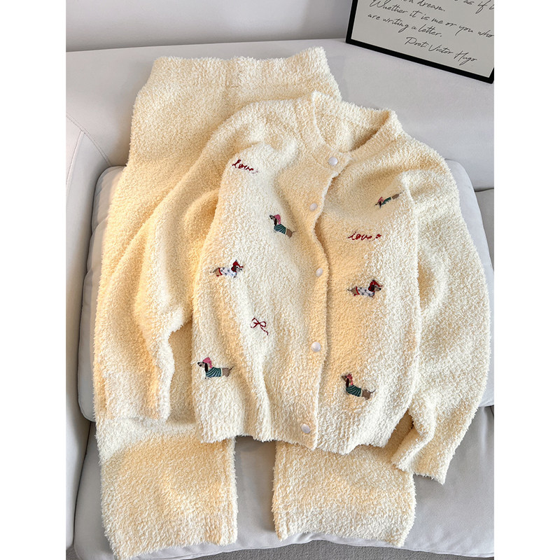 少女可爱卡通腊肠狗半边绒睡衣女秋冬款大码加绒加厚家居服两件套