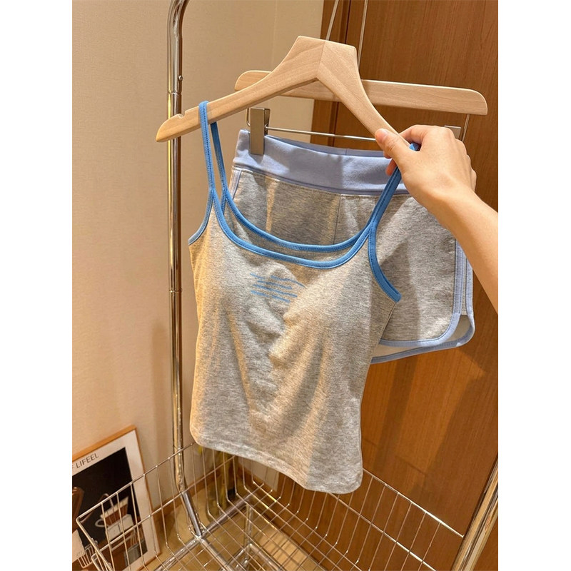韩版休闲风撞色吊带睡衣女夏季舒适短裤套装轻运动风家居服可外穿