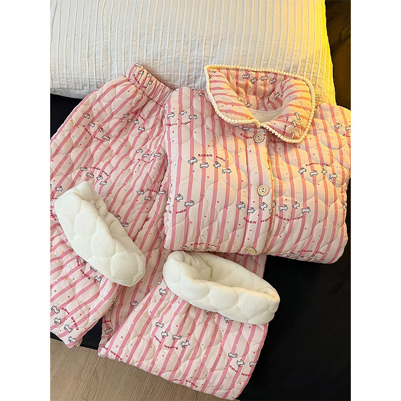 软萌小兔子印花条纹夹棉长袖睡衣女秋冬季新款保暖家居服套装外穿,女士内衣/男士内衣/家居服,睡衣/家居服套装,淘宝优惠券,粉丝福利购,淘宝优惠卷