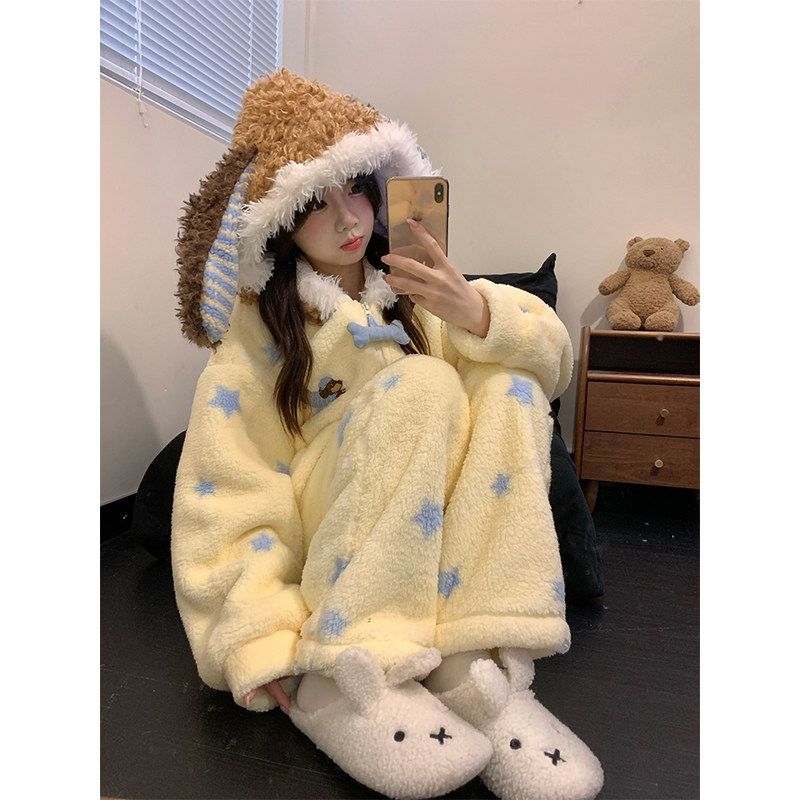可爱风卡通连帽珊瑚绒睡衣少女冬季加厚保暖小狗家居服套装可外穿
