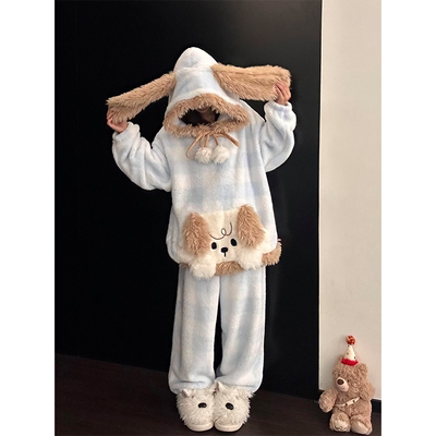 软萌可爱小狗毛绒连帽睡衣女秋冬