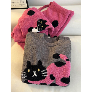 韩版卡通猫咪印花半边绒睡衣女秋冬季新款保暖加厚家居服套装外穿