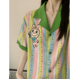 家居服 甜美可爱彩虹条纹拉布布印花短袖 睡衣女夏季 休闲大码 短裤