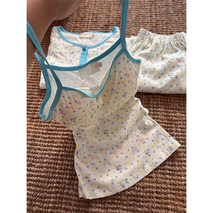 韩系卡通开衫睡衣女夏季吊带短裤多巴胺风家居服套装三件套可外穿