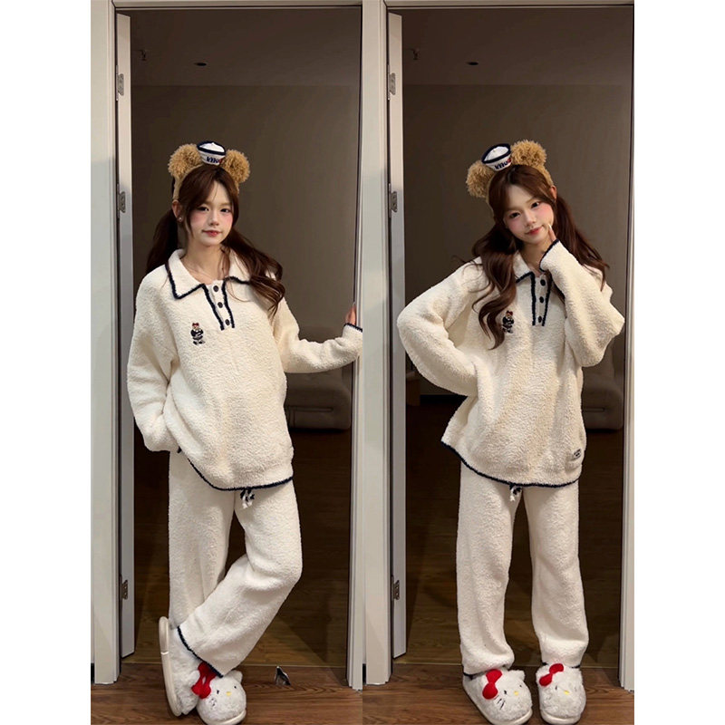 韩版少女休闲翻领长袖睡衣女秋冬季网红风新款家居服保暖套装外穿,女士内衣/男士内衣/家居服,睡衣/家居服套装,淘宝优惠券,粉丝福利购,淘宝优惠卷