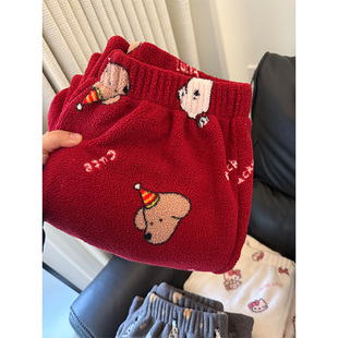 可爱小狗印花红色珊瑚绒睡裤女秋冬季新款家居服加厚遛弯长裤外穿