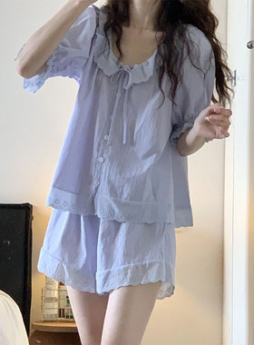 韩式荷叶边系带蕾丝短袖睡衣女夏舒适短裤田园风家居服套装可外穿