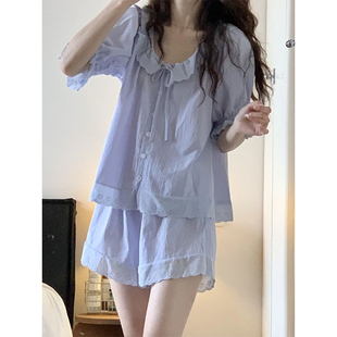 韩式荷叶边系带蕾丝短袖睡衣女夏舒适短裤田园风家居服套装可外穿
