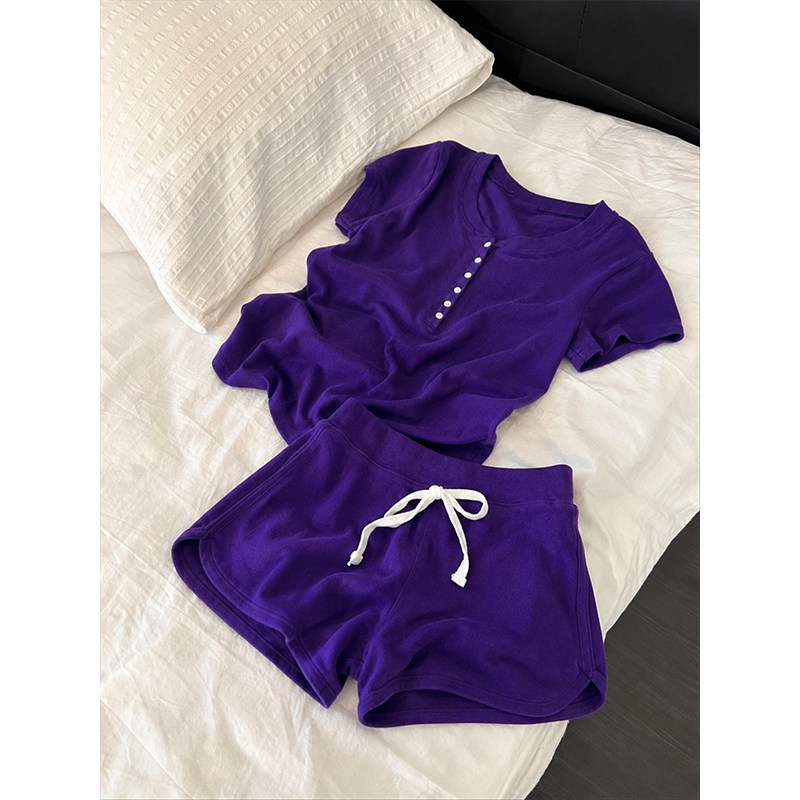 纯欲风紫色短袖睡衣少女夏天舒适短裤超柔软家居服休闲套装可外穿