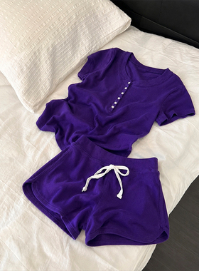 纯欲风紫色短袖睡衣少女夏天舒适短裤超柔软家居服休闲套装可外穿