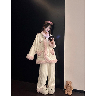 可爱玛丽猫毛绒拼接珊瑚绒睡衣女