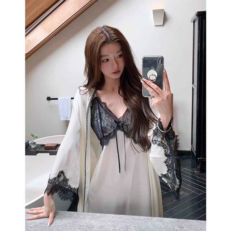 法式性感蕾丝拼接吊带冰丝睡衣女