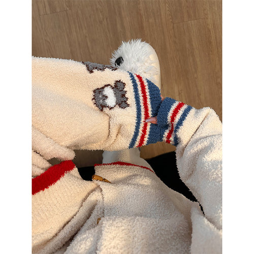 印花毛绒针织翻领长袖睡衣女冬季