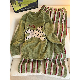 韩系斑点狗印花少女毛绒针织睡衣女秋冬季新款家居服条纹长裤套装