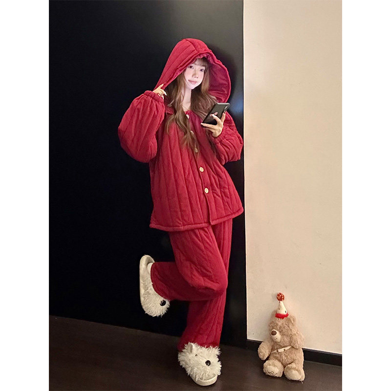 韩版少女休闲纯色连帽夹棉睡衣女秋冬季新款加厚家居服套装可外穿,女士内衣/男士内衣/家居服,睡衣/家居服套装,淘宝优惠券,粉丝福利购,淘宝优惠卷