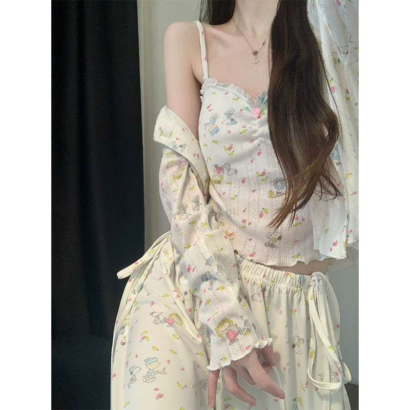 法式甜美风吊带睡衣少女秋季开衫长袖长裤碎花家居服三件套可外穿
