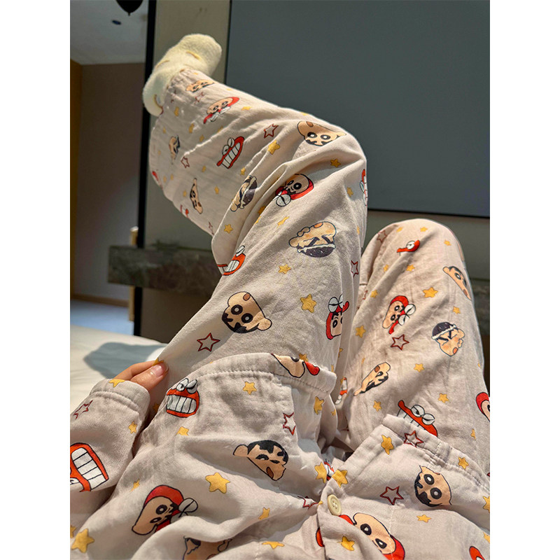 Q版蜡笔小新可爱卡通印花睡衣女春季全棉双层纱开衫可外穿居家服