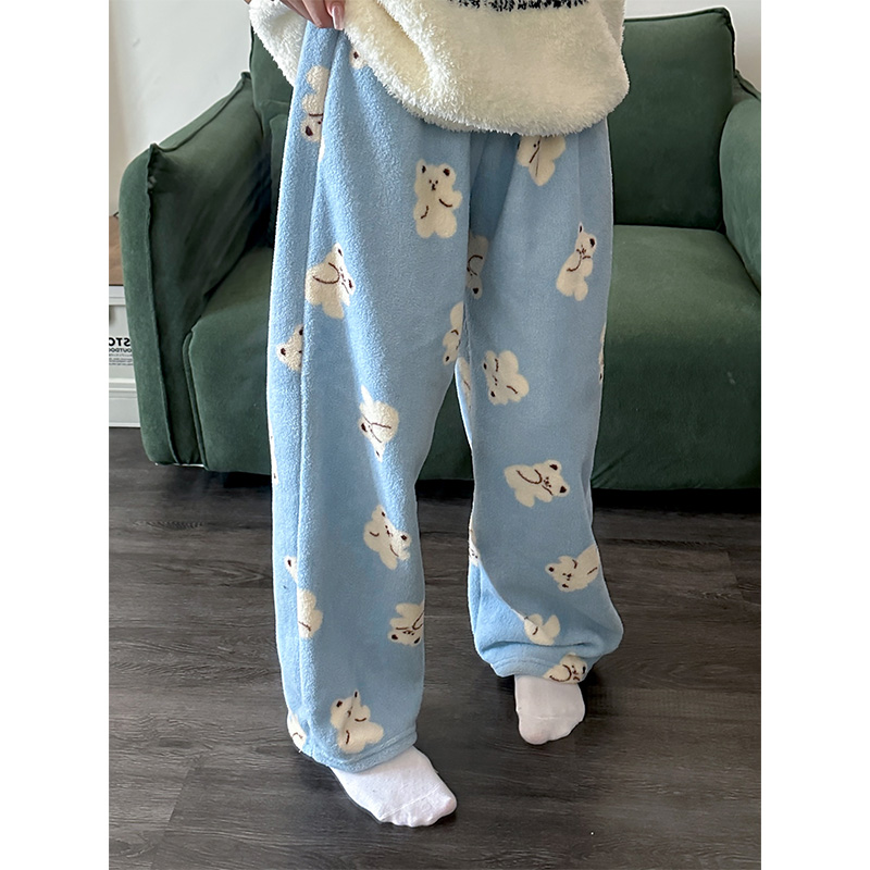 小熊印花珊瑚绒加厚睡裤女秋冬季