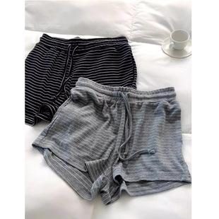 2025夏季 女士新款 大码 休闲短裤 子 韩版 宽松家居阔腿裤 简约条纹睡裤