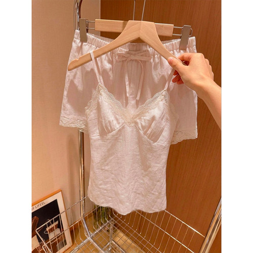 夏季蕾丝V领吊带女睡衣套装