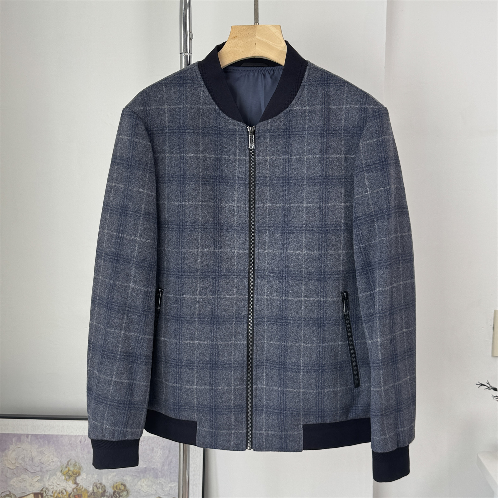 H家撤柜 100%绵羊毛秋冬外套 蓝灰棒球领上衣 男士厚款休闲夹克