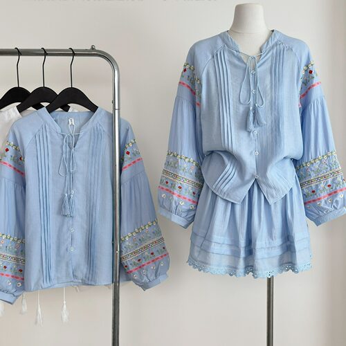 海边度假风刺绣棉麻衬衫裙裤套装