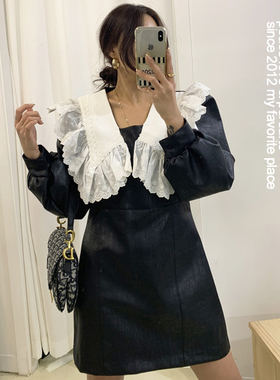 超美法式复古连衣裙高级设计韩国ins蕾丝刺绣大翻领气质冬季皮裙