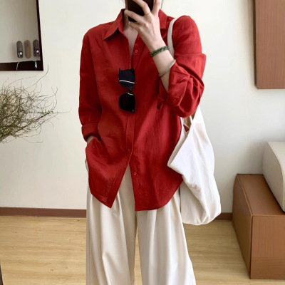 韩版显白红色通勤衬衫女2026春秋新款高级感慵懒翻领长袖衬衣