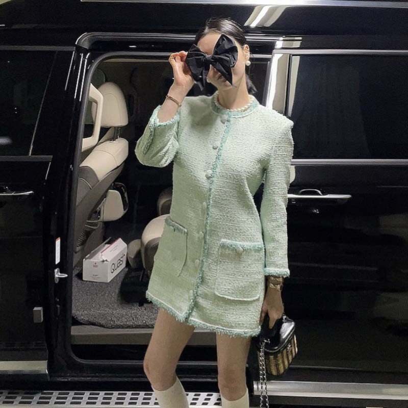 PS小香风套装女高级感法式绿色西装外套御姐早春复古轻熟连衣裙子