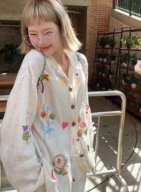 重工刺绣亚麻刺绣衬衫短裤套装沙滩度假宽松防晒衬衣可外传居家服