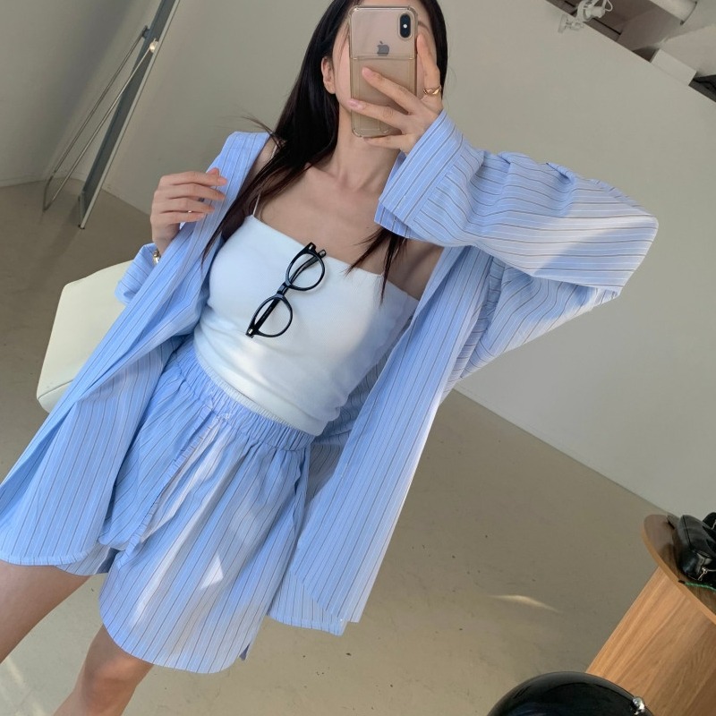 原版现货韩国时尚居家服慵懒睡衣风宽松条纹防晒长袖衬衫短裤套装