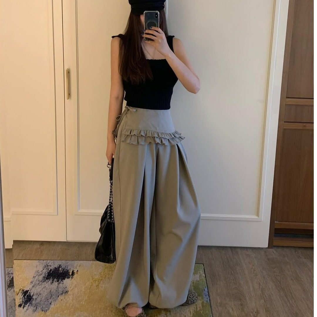 皮帘假两件阔腿裤超长阔腿裤