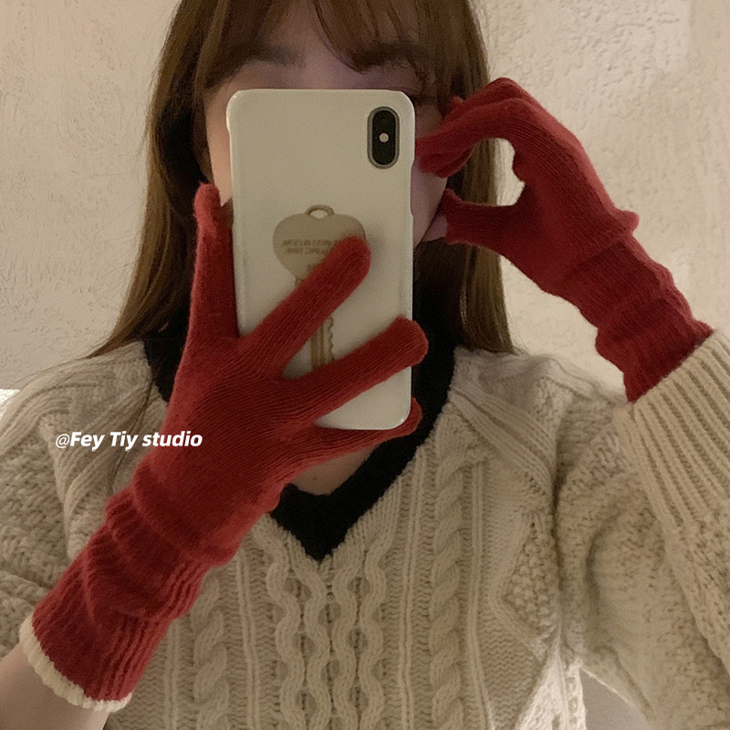 韩国ins博主秋冬保暖手套女分指可触屏长五指有孔仿羊绒