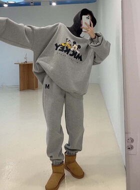 韩国bf风减龄卡通卫衣套装印花时尚圆领米奇百搭休闲运动两件套装